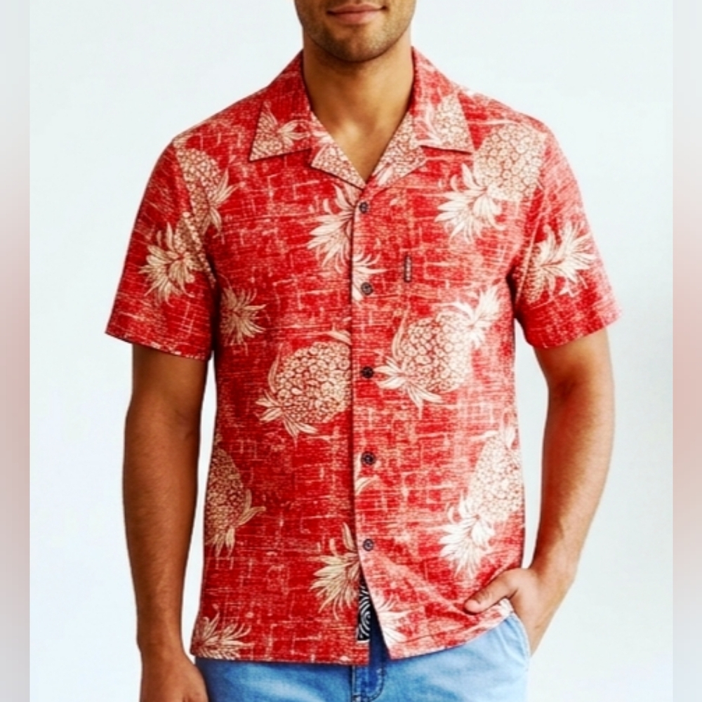 Men's Red Pineapple-Print Short-Sleeve‎ Button-Down Shirt